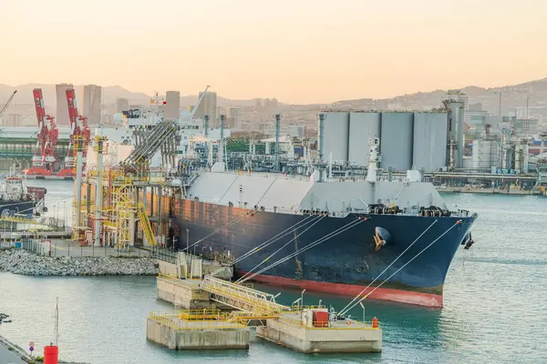 Büyük LNG (sıvılaştırılmış doğalgaz) tankeri, sarı boru hatları, depolama tankları ve vinçlerle bir endüstriyel liman terminaline demirlemiştir.