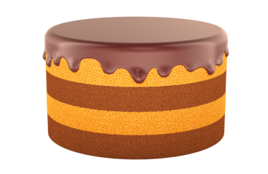 Çikolatalı pasta. Yuvarlak katlı, farklı süngerli, üzeri parlak çikolata kremalı, süslemesiz. Şeffaf arkaplanda 3B görüntüleme izole edildi