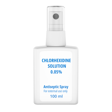 Klorhexidine antiseptik sprey şişesi, şeffaf arkaplanda 3 boyutlu görüntüleme.