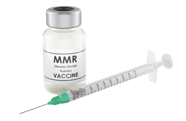 MMR vaccine vial and syringe. Vaccine from measles mumps rubella. 3D rendering isolated on transparent background