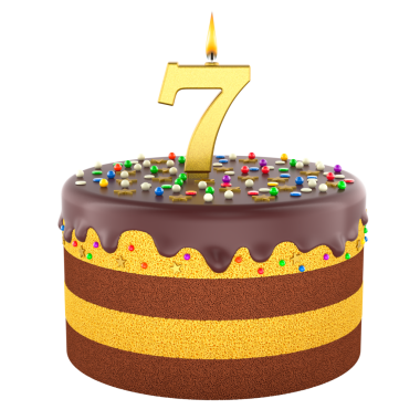 7 numaralı mumlu çikolatalı doğum günü pastası. Şeffaf arkaplanda 3B görüntüleme izole edildi