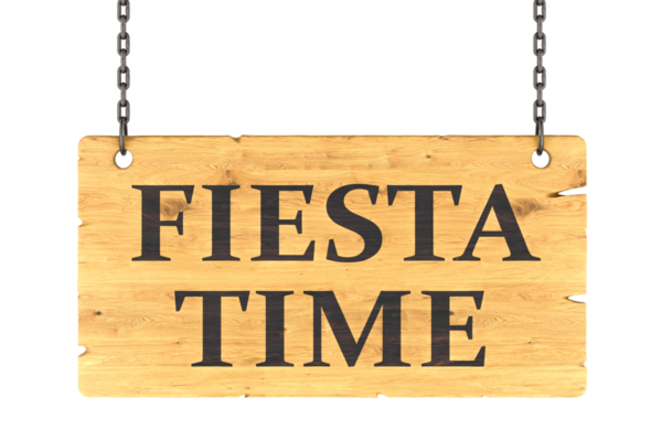 Fiesta zamanı, tahta tabela. Şeffaf arkaplanda 3B görüntüleme izole edildi