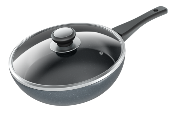 Kapaklı çubuksuz kızartma tavası, cam kaplı siyah tava. Şeffaf arkaplanda 3B görüntüleme izole edildi