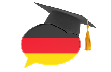 Almanca öğrenme, kavram. Alman bayrağı ve mezuniyet şapkasıyla konuşma balonu. Şeffaf arkaplanda 3B görüntüleme izole edildi