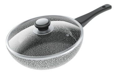 Kapaklı granit kızartma tavası, yapışmaz taş kaplama tavası. Şeffaf arkaplanda 3B görüntüleme izole edildi