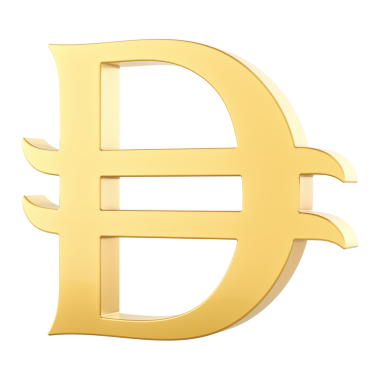 Altın dirhem, para birimi sembolü. Şeffaf arkaplanda 3B görüntüleme izole edildi