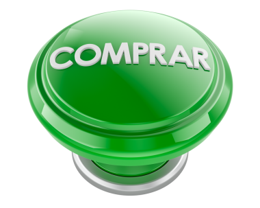 Comprar yeşil düğme, İspanyolca satın alma. Şeffaf arkaplanda 3B görüntüleme izole edildi