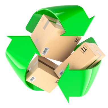 Geri dönüşüm sembollü paket kutuları. Paketin yeniden kullanımı veya ambalaj geri dönüşümü. Şeffaf arkaplanda 3B görüntüleme izole edildi