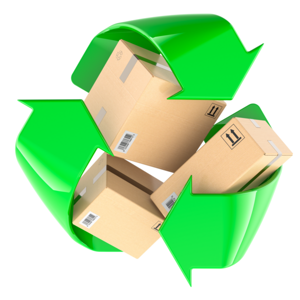 Geri dönüşüm sembollü paket kutuları. Paketin yeniden kullanımı veya ambalaj geri dönüşümü. Şeffaf arkaplanda 3B görüntüleme izole edildi