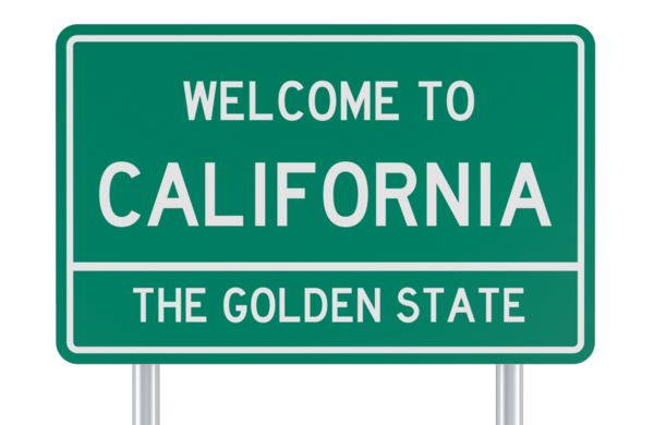 California 'ya hoş geldin, yol tabelası. Şeffaf arkaplanda 3B görüntüleme izole edildi