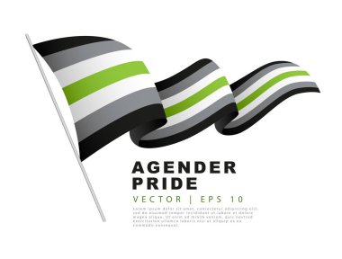 The flag of agender pride hangs on a flagpole and flutters in the wind. A colorful logo of one of the LGBT flags. Sexual identification. Lack of gender identity. Vector illustration on a white background.