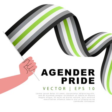 The flag of agender pride is in the hand of a person. Sexual identification. Lack of gender identity. A colorful logo of one of the LGBT flags. Vector illustration.