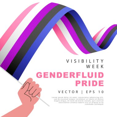 The flag of genderfluidic pride in the hand of a man. Sexual identification. A colorful logo of one of the LGBT flags. Vector illustration on a white background.