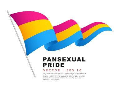 The flag of pansexual pride hangs on a flagpole and flutters in the wind. A colorful logo of one of the LGBT flags. Sexual identification. Vector illustration on a white background.