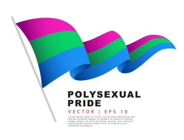 The flag of polysexual pride hangs on a flagpole and flutters in the wind. A colorful logo of one of the LGBT flags. Sexual identification. Vector illustration on a white background.