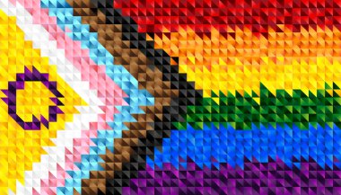 Abstract background of small colorful multicolored triangles. Rainbow flag. An international symbol of the lesbian, gay, bisexual and transgender community. LGBTQIA + symbols. LGBT flag.