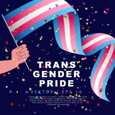 The flag of transgender pride in the hand of a man. Sexual identification. Rainbow confetti. A colorful logo of one of the LGBT flags.