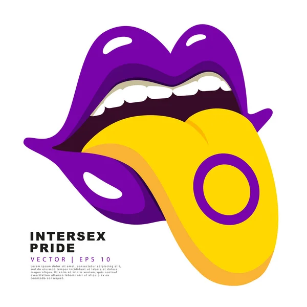 Purple Lips Yellow Tongue Sticking Out Painted Colors Intersex Pride — Stockvector