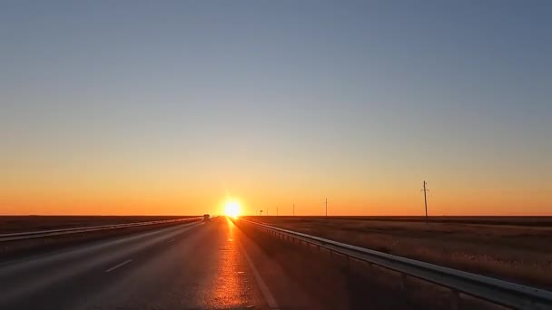 Dawn Kazakh Steppe Traveling Car Highway Kazakhstan Morning Bright Warm — Stock videók