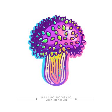 A toxic fantastic psilocybin mushroom. Drawing of a magical surreal hallucinogenic mushroom in purple flowers. The concept of a toadstool is hand-drawn. The concept of a toadstool is hand-drawn. Amazing fly agaric sticker. Vector illustration. clipart