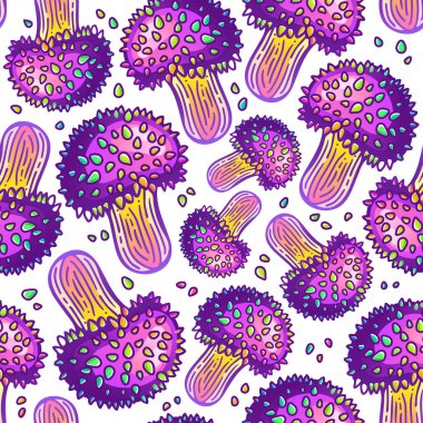 Stylish wallpaper of hallucinogenic mushrooms. Fantasy seamless vector pattern of purple psilocybin mushrooms. Amazing wrapping paper made of colored fly agaric on a white background.