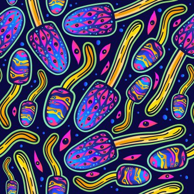 Magic seamless vector pattern of psilocybin mushrooms. Fantastic wallpaper of hallucinogenic mushrooms. Wrapping paper from colored fly agarics on a black background.