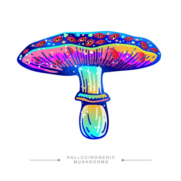 Drawing Hallucinogenic Mushroom Acidic Colors Fantastic Toadstool Concept Hand Drawn — Stock vektor
