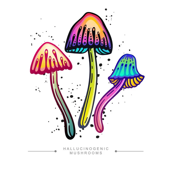 Amazing Sticker Three Fly Agarics Toadstool Concept Hand Drawn Toxic — Vettoriale Stock