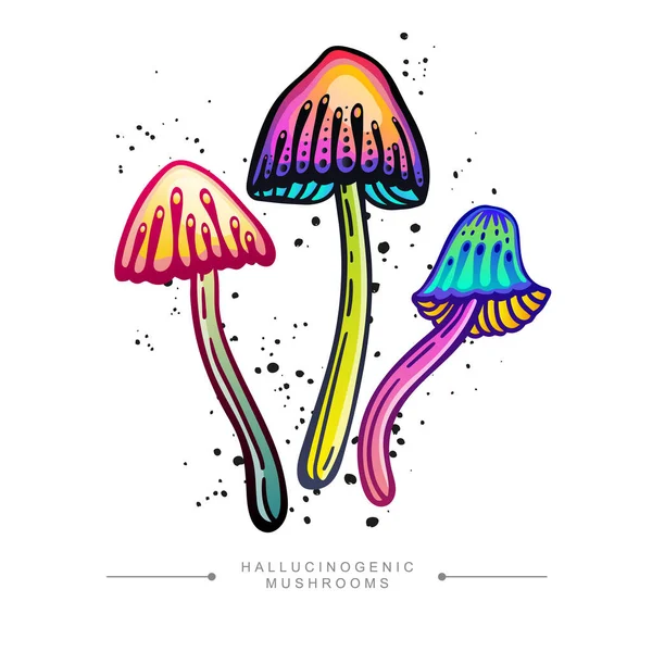 Amazing Sticker Three Fly Agarics Toadstool Concept Hand Drawn Toxic — Vetor de Stock