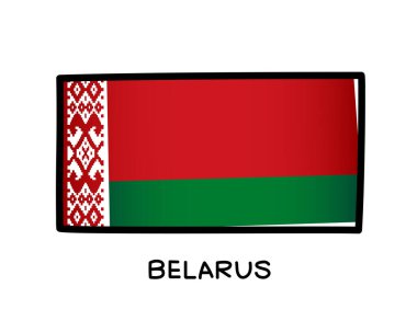 Flag of Belarus. Colorful logo of the Belarusian flag. Red, white and green brush strokes drawn by hand. Black outline. Vector illustration on a white background.