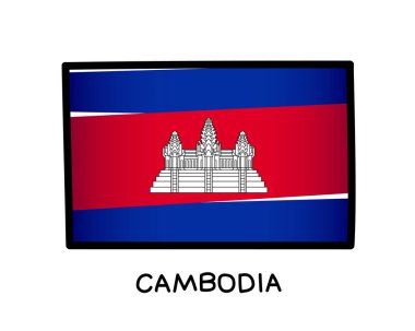 Flag of Cambodia. Colorful logo of the Cambodian flag. Blue and red brush strokes drawn by hand. Black outline. Vector illustration on a white background.