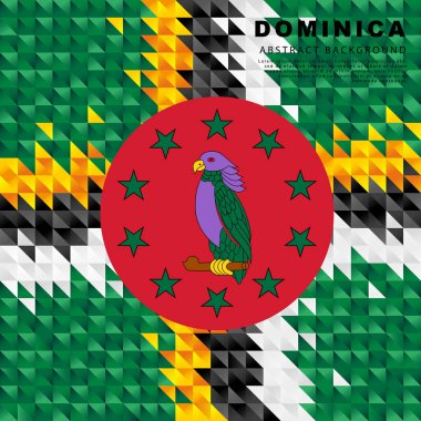 Flag of Dominica. Abstract background of small triangles in the form of colorful green, black, white and yellow stripes. Vector illustration.