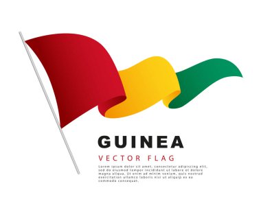 The flag of Guinea hangs on a flagpole and flutters in the wind. Vector illustration isolated on white background. Colorful Guinean flag logo.