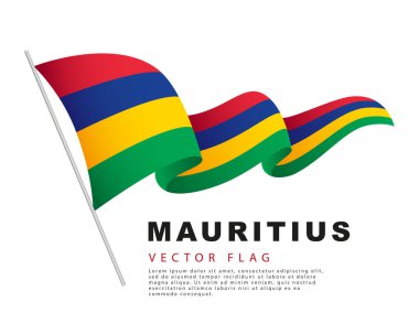 The flag of Mauritius hangs on a flagpole and flutters in the wind. Vector illustration on a white background. Colorful logo of the Mauritian flag.