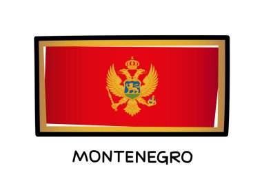 Flag of Montenegro. Colorful logo of Montenegrin flag. Red and gold brush strokes, hand drawn. Black outline. Vector illustration isolated on white background.