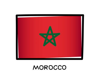 Flag of Morocco. Colorful Moroccan flag logo. Red and green brush strokes, hand drawn. Black outline. Vector illustration isolated on white background. clipart