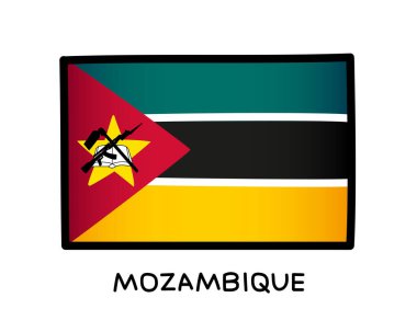 Flag of Mozambique. Colorful Mozambican flag logo. Green, black, white and yellow hand-drawn brush strokes. Black outline. Vector illustration isolated on white background.