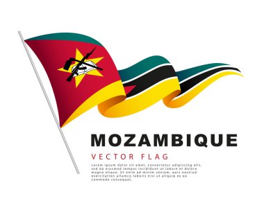 The flag of Mozambique hangs on a flagpole and flutters in the wind. Vector illustration isolated on white background. Colorful Mozambican flag logo.