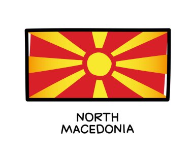 Flag of North Macedonia. Colorful logo of the Macedonian flag. Red and yellow brush strokes, hand drawn. Black outline. Vector illustration isolated on white background.
