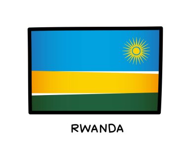 Flag of Rwanda. Colorful logo of the Rwandan flag. Blue, yellow and green brush strokes drawn by hand. Black outline. Vector illustration on a white background.