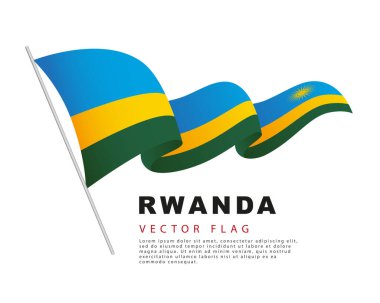 The flag of Rwanda hangs on a flagpole and flutters in the wind. Vector illustration on a white background. Colorful logo of the Rwandan flag.