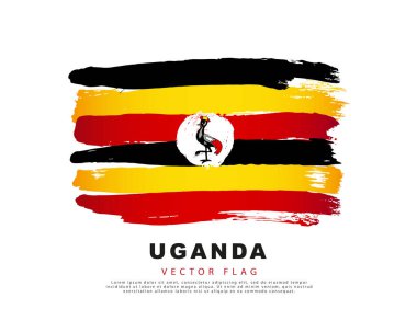 Flag of Uganda. Black, yellow and red brush strokes, hand drawn. Vector illustration isolated on white background. Colorful Uganda flag logo.