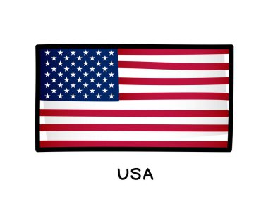 The flag of the USA. Colorful logo of the American flag. Blue, red and white brush strokes drawn by hand. Black outline. Vector illustration on a white background.