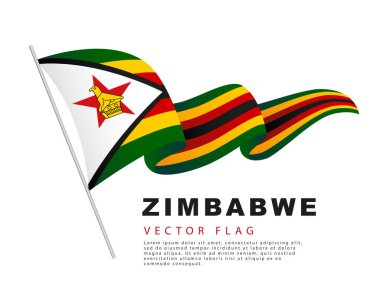 The flag of Zimbabwe hangs on a flagpole and flutters in the wind. Vector illustration isolated on white background. Colorful Zimbabwe flag logo.