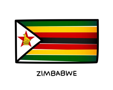 Flag of Zimbabwe. Green, black, red, white and yellow hand-drawn brush strokes. Black outline. Vector illustration isolated on white background.