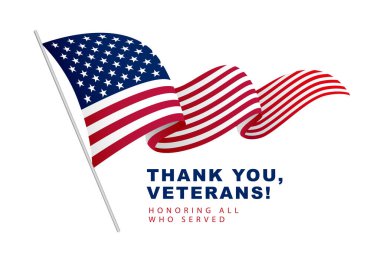 American flag waving in the wind. Festive greeting card for Veterans Day. Honoring all who served. Thank you veterans. Vietnam Veterans Day in USA. Vector illustration isolated on white background.