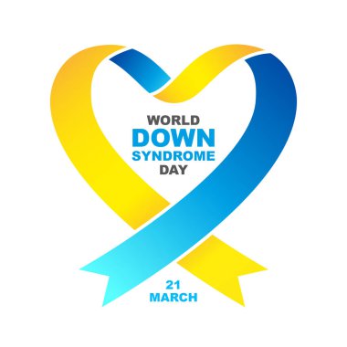 Dünya Down Sendromu Günü, 21 Mart. Kalp şeklinde sarı ve mavi bir kurdele var. Şık kartpostallar, afişler, afişler, vesaire. Vektör illüstrasyonu beyaz arkaplanda izole edildi.