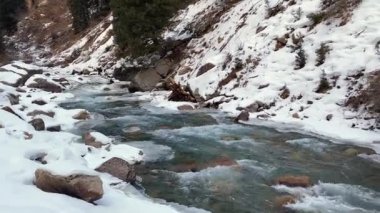 A clear mountain stream runs through a beautiful gorge. Amazing view of a stormy mountain river in the snow. Beautiful spring landscape.