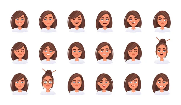 Set of different white woman emotions. Facial expression. Smile, happiness, anger, disappointment, fatigue, surprise, fear. Vector illustration in cartoon style.
