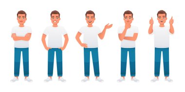 A young caucasian male in a white t-shirt and blue jeans stands in various poses. Man in full growth character set. The guy stands with his arms crossed, thinks about something, points to something, a gesture of approval. Vector illustration isolated